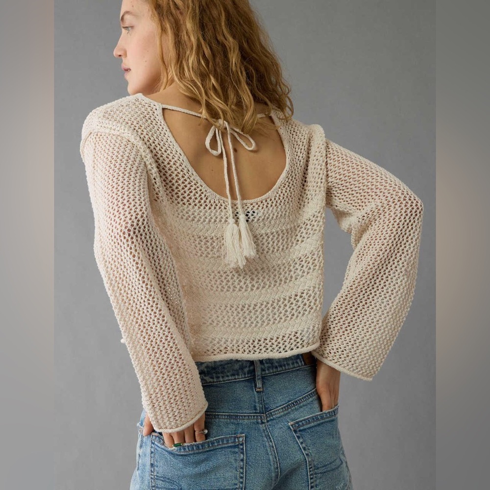 American Eagle Womens Size L Crochet Open Back Long Sleeve Sweater Cream Boho